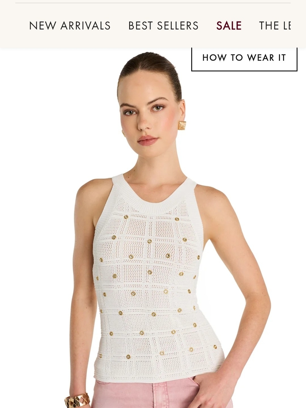 Noli White Crochet Tank with Gold Stud Accents